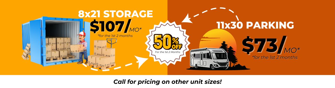 Image showing available specials of 50% off 1st two months for 8x21 storage and 11x30 parking